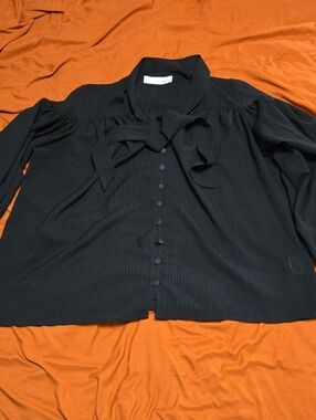 Black Bow-Tie Button Front Women's Blouse